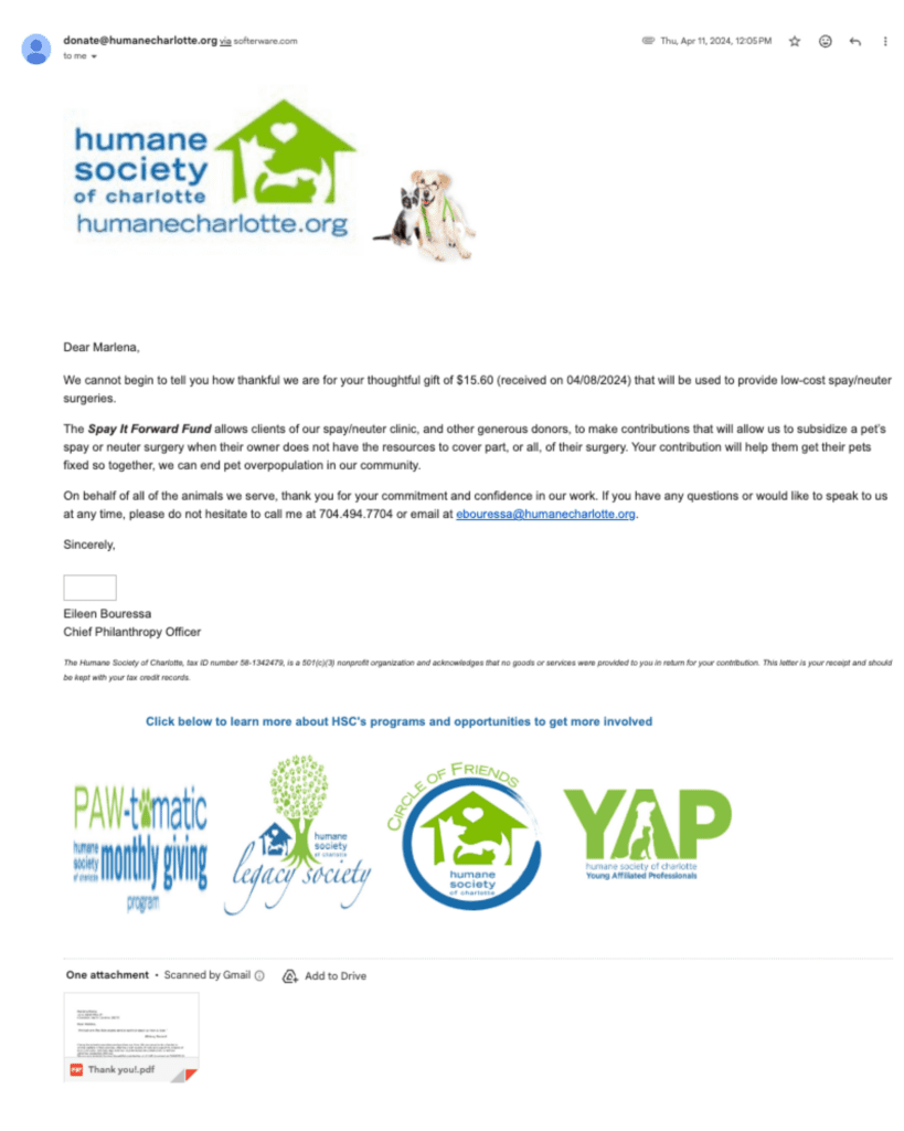 Humane Society Charlotte Donor Thank You Email