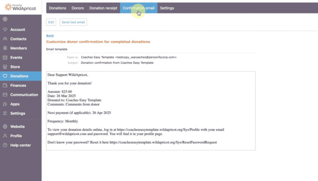 WildApricot donation email walkthrough