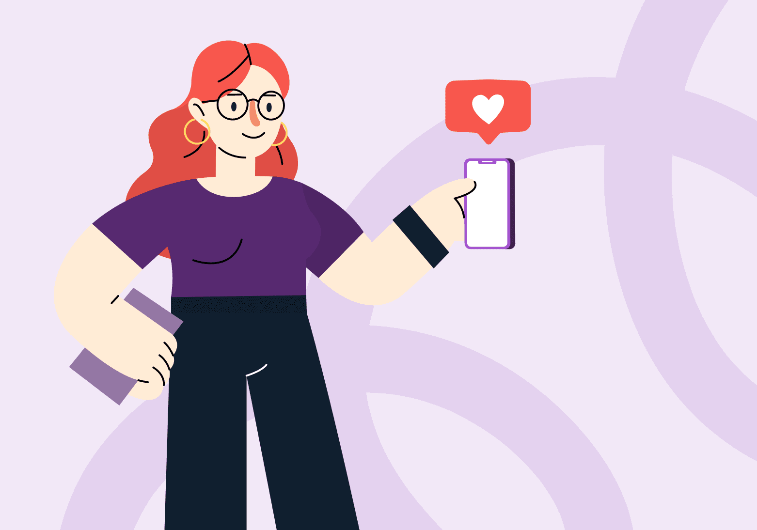 social media for nonprofits: White woman with red hair holding a cell phone. A heart notification appears above the phone.