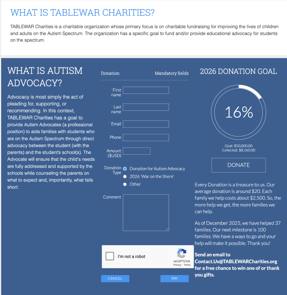 Tablewar Charities Donation Page